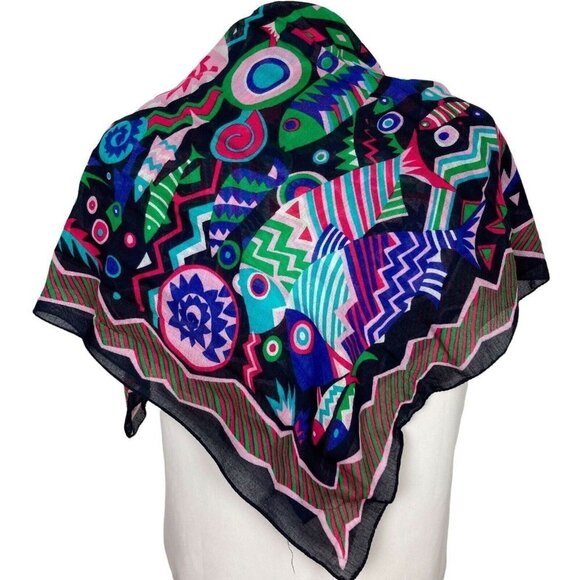 Vintage Limited Express Fish Scarf Blue Pink 30 inch Square Geometric Bold Print - Picture 1 of 6